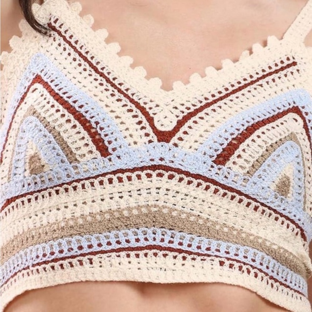 Super Cute Rebellion Crochet Crop Top in Cream, Brown, and Blue -Summer Trend